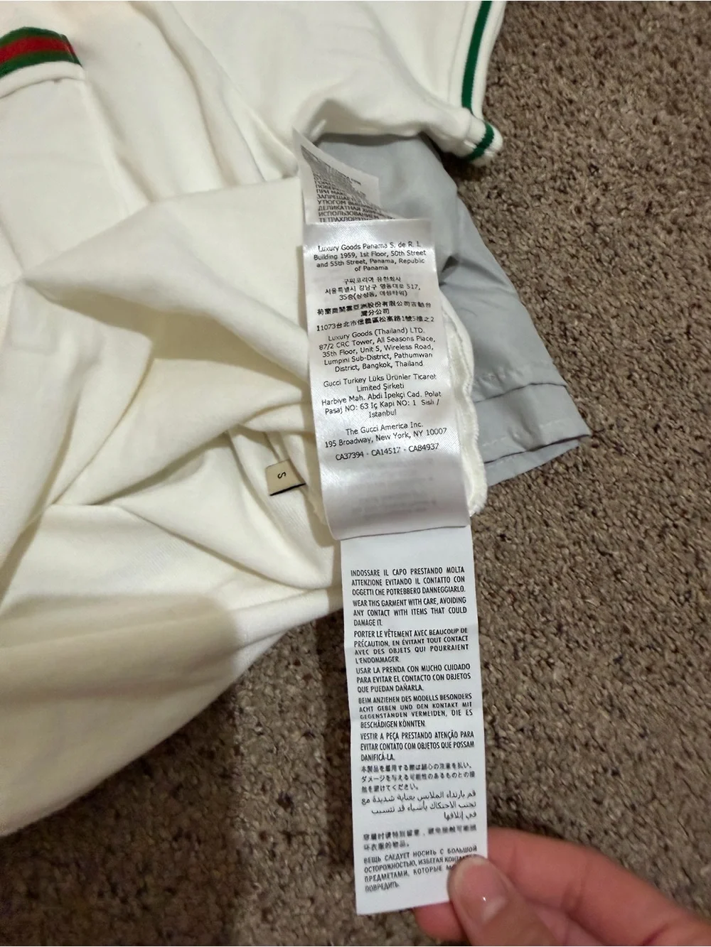 Gucci White Polo with Green Stripe Trim and Chest Web